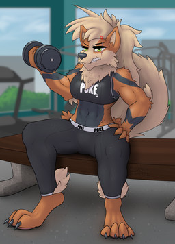 4_toes angry anthro barefoot bodily_fluids bottomwear bra breasts claws clothed clothing digitigrade exercise feet female fully_clothed gym inside looking_at_viewer medium_breasts muscular muscular_female pants pawpads paws pink_pawpads pokemorph sitting solo sports_bra sweat toes underwear weightlifting workout yoga_pants conditional_dnp pawpadcomrade nintendo pokemon arcanine generation_1_pokemon pokemon_(species)