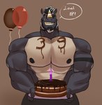 anthro balloon beard birthday birthday_cake black_body black_fur body_writing cake candle candy chocolate dessert ear_piercing facial_hair fangs food fur gold_(metal) gold_jewelry gold_tooth hair horn horn_jewelry horn_ring inflatable jewelry male multicolored_hair muscular muscular_male nipples pecs piercing ring_(jewelry) scar sharp_teeth smile solo speech_bubble tattoo teeth text two_tone_hair white_hair writing_on_chest demondragoncyan dmitrei mammal rhinoceros absurd_res english_text hi_res