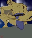 anthro bottomwear clothing loincloth looking_at_viewer looking_back male membrane_(anatomy) membranous_wings muscular rear_view simple_background smile smiling_at_viewer solo wings hermesdidit disney gargoyles lexington_(gargoyles) gargoyle humanoid hi_res