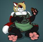 4_toes 5_fingers anthro barefoot big_breasts blonde_hair breasts cleavage clothed clothing dessert dirndl doughnut eating eyewear feet female fingers food food_on_face glasses gloves_(marking) green_eyes hair leg_markings markings pastry pawpads paws ponytail slightly_chubby socks_(marking) toes carifoxleopard claire_ann_fuchs canid canine fox mammal