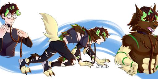 anthro clothing clothing_loss collar human_to_anthro leash leashed_collar male mid_transformation solo species_transformation tail three_frame_sequence torn_clothing transformation transformation_sequence katzepunk mythology aaron_(weretf) canid canine human mammal mythological_canine mythological_creature unknown_species werecanid werecanine werecreature werewolf absurd_res hi_res