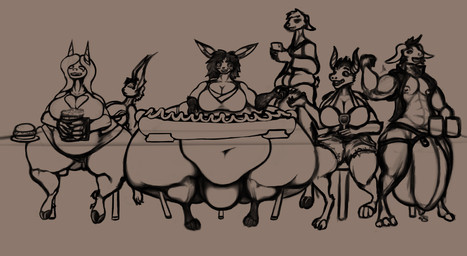 anthro balls belly big_belly big_breasts big_bulge big_butt breasts bulge butt chair confident confident_male dialogue digitigrade female food furniture genitals group gynomorph huge_belly huge_breasts huge_bulge huge_butt huge_hips huge_thighs hyper hyper_bulge hyper_butt hyper_genitalia hyper_hips hyper_thighs hypercasual intersex jealous male moobs morbidly_obese morbidly_obese_male muscular muscular_anthro muscular_male obese obese_male on_chair overweight overweight_male pecs penis sitting sitting_on_chair thick_thighs wide_hips ratto bandai_namco digimon mythology ratto_(character) bovid bovine canid caprine cattle digimon_(species) dragon goat hybrid mammal mythological_creature mythological_scalie renamon scalie line_art widescreen