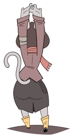 anthro black_bottomwear black_clothing black_skirt bottomwear brown_clothing brown_coat brown_topwear butt clothing coat female fur grey_body grey_fur hood patched_clothing rain_boots rainboots red_scarf scarf simple_background skirt solo stretching tail topwear white_background maddeku gata_the_future_russian_kitty gata_preobrazhenskaya domestic_cat felid feline felis mammal russian_blue 2026