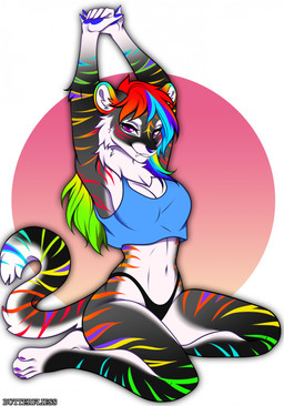 anthro bangs black_clothing black_thong black_underwear blue_clothing blue_crop_top blue_nose blue_pawpads blue_shirt blue_topwear breasts cheek_tuft claws clawse clothing crop_top facial_tuft fangs female fur grey_body grey_fur hair long_hair looking_at_viewer markings medium_breasts multicolored_body multicolored_fur multicolored_hair multicolored_markings navel pawpads purple_claws purple_eyes rainbow_hair rainbow_markings rainbow_stripes round_ears shirt simple_background sitting small_waist smile smiling_at_viewer solo striped_markings striped_tail stripes tail tail_markings teeth thong topwear tuft underwear white_body white_fur butterfliess felid mammal pantherine tiger 2026 colored digital_drawing_(artwork) digital_media_(artwork) hi_res shaded