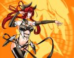 big_breasts black_horn black_sleeves breasts clothed clothing exposed_hips exposed_shoulder female finger_on_head frilly frilly_clothing gesture grey_eyes hair hand_gesture horn long_hair maid_uniform navel not_furry open_mouth orange_background pointing red_hair simple_background skimpy solo straps three-quarter_view uniform eu03 horned_humanoid humanoid portrait three-quarter_portrait