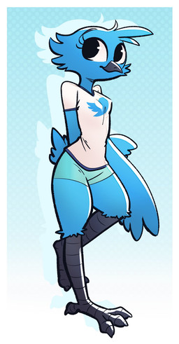 4_toes anisodactyl anthro avian_feet beak biped blue_body blue_feathers border bottomwear breasts cheek_tuft claws clothed clothing facial_tuft feathers feet female hand_behind_back logo non-mammal_breasts on_one_leg pattern_background shirt shorts simple_background solo standing t-shirt talons toe_claws toes topwear tuft twitter_logo white_border fuel_(artist) twitter tweetfur avian bird 2019 hi_res meme