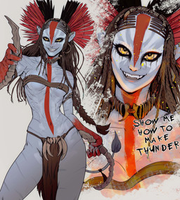 athletic athletic_female black_hair blue_body bottomwear breasts choker clothing collarbone dialogue ear_piercing ear_ring eyelashes female hair jewelry loincloth medium_breasts necklace piercing ring_piercing slim small_waist solo tail tail_tuft teeth topwear tube_top tuft yellow_eyes yoracrab james_cameron's_avatar varang_(avatar) alien humanoid na'vi 2025 absurd_res hi_res