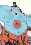 blue_body blush humanoid_hands kemono male moobs navel nipples overweight overweight_male scar solo haoming one_piece jinbe fish-men_(one_piece) marine 2022 hi_res