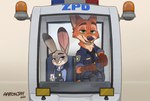 anthro cheek_tuft clothed clothing countershading dipstick_ears duo ear_markings facial_tuft fully_clothed fur gloves_(marking) green_eyes grey_body grey_fur in_vehicle inside_vehicle male markings multicolored_ears open_mouth open_smile orange_body orange_fur police police_uniform police_vehicle purple_eyes simple_background sitting smile tuft uniform vehicle aar0njay disney zootopia judy_hopps nick_wilde canid canine fox lagomorph leporid mammal rabbit red_fox true_fox 2022 digital_media_(artwork)