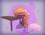 anthro blush bodily_fluids bottomless clothed clothing cum ears_down eyes_closed fluffy fluffy_tail furniture genital_fluids hair kneeling male masturbation orange_hair penile penile_masturbation pivoted_ears solo sweater sweater_only table tail topwear topwear_only turtleneck dawrklawst dawrk canid canine canis jackal mammal