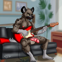 anthro balls bass_guitar brown_body brown_fur erection fur furniture genitals glans guitar inside male muscular musical_instrument nude nude_male on_sofa penis plucked_string_instrument sitting sitting_on_sofa sofa solo string_instrument vein veiny_penis rsproduccion aggretsuko sanrio haida_(aggretsuko) hyena mammal spotted_hyena 1:1 2026 absurd_res dated digital_media_(artwork) hi_res