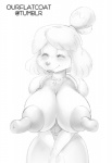 2017 animal_crossing anthro areola big_breasts blush breasts canid canine canis clothing conditional_dnp digital_drawing_(artwork) digital_media_(artwork) domestic_dog erect_nipples female greyscale hair huge_breasts hyper hyper_nipples isabelle_(animal_crossing) long_nipples mammal monochrome nintendo nipples ourflatcoat shih_tzu simple_background smile solo toy_dog white_background