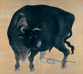 2_horns animal_genitalia black_body cloven_hooves feral fully_sheathed genitals hooves horn leash male male_feral quadruped sheath simple_background solo standing tail tail_tuft text three-quarter_view tuft unguligrade mochizuki_gyokusen_iv public_domain bovid bovine cattle mammal 19th_century absurd_res ancient_art hi_res japanese_text painting_(artwork) traditional_media_(artwork) traditional_painting_(artwork)