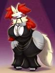 anthro belly big_breasts black_clothing black_dress breasts cleavage clothed clothing delphox dress female footwear fur generation_6_pokemon gold_(metal) gold_jewelry hi_res high_heels hollow_hip_backless_chain_dress huge_breasts jewelry looking_at_viewer mature_anthro mature_female meme meme_clothing neck_tuft nintendo noryega overweight overweight_anthro overweight_female pokemon pokemon_(species) red_body red_fur solo thick_thighs tuft wide_hips