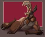 abs anthro antlers biped black_nose brown_body brown_fur cervine cloven_hooves deer fingers fur half-closed_eyes hooved_fingers hooves horn looking_at_viewer lying male mammal muscular muscular_anthro muscular_male narrowed_eyes nude on_side red_eyes seductive smile solo speccychicken