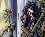 anthro big_breasts blaster breasts clothed clothing cosplay duo female fur gem hair heist male museum police role_reversal smile staff stealing weapon mrease sly_cooper_(series) sony_corporation sony_interactive_entertainment sucker_punch_productions carmelita_fox sly_cooper canid canine fox mammal procyonid raccoon