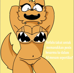 anthro big_breasts breasts female genitals long_tail orange_body pleading_eyes pose smile tail thick_thighs vulva sadakwa mau_makan_apa xenobot-72 felid feline mammal hi_res pinup