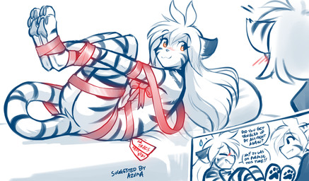 4_toes alternate_species anthro bangs bdsm bed blue_line_art blue_text blush blush_lines bondage bound bow_ribbon breasts butt canon_couple claws clothed clothed/nude clothed_anthro clothed_male clothing curled_up dialogue digitigrade duo exclamation_point eyes_closed face_to_face facial_markings feet feet_tied female fur furniture gift_wrapped hair hair_between_eyes hands_tied head_markings head_turned intraspecies legs_tied legs_up long_hair long_tail looking_aside looking_at_another looking_at_partner lying makeup male male/female markings mascara nude nude_anthro nude_female on_back on_bed on_pillow open_mouth orange_eyes pawpads pillow pupils question_mark red_blush red_ribbon red_text ribbon_only seductive short_hair simple_background slit_pupils smile snout speech_bubble striped_arms striped_back striped_body striped_ears striped_face striped_fur striped_legs striped_markings striped_tail stripes tail tail_markings text thin_tail toe_claws toes toony_eyes username white_background conditional_dnp tom_fischbach twokinds flora_(twokinds) tiger_trace trace_legacy felid keidran mammal pantherine tiger 2025 adobe_photoshop_(artwork) blue_and_white colored_line_art comic digital_media_(artwork) english_text hi_res monochrome shaded sketch spot_color