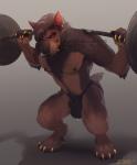 anthro bodily_fluids bulge clothing exercise genital_fluids jockstrap looking_at_viewer male muscular muscular_anthro muscular_male precum precum_through_clothing solo standing sweat underwear weightlifting wet wet_clothing workout enro_the_mutt enro canid canine canis mammal wolf distracting_watermark watermark