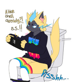 anthro blue_eyes clothed clothing electronics female game_console gaming implied_peeing legwear panties panties_down partially_clothed peeing playing_video_game simple_background sitting solo stockings sweater text toilet toilet_use topwear underwear underwear_down white_background raveneevee nintendo pokemon generation_7_pokemon legendary_pokemon pokemon_(species) zeraora english_text hi_res