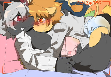 4_fingers 5_fingers adolescent anthro bed blush bodily_fluids bottomless camera_view clenched_teeth clothed clothing collar collared_shirt diaper doctor dress_shirt drooling duo embarrassed eyewear fingers from_front_position fur furniture genital_fluids glasses grey_body grey_fur grey_hair hair lying male male/male male_on_bottom male_on_top mane missionary_position on_back on_bottom on_top orange_hair partially_clothed pillow raised_tail recording saliva sex shaking shirt sweat tail tears teeth topwear unbuttoned unbuttoned_shirt unclean_diaper urine used_diaper wet wet_diaper wetting yellow_body yellow_fur young satsuki_rabbit canid canine felid lion mammal pantherine 2015