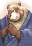 anthro asian_clothing blush brown_body brown_fur clothing east_asian_clothing fur humanoid_hands japanese_clothing kemono male one_eye_closed overweight overweight_male solo wink mametanu_tanuki canid canine mammal raccoon_dog tanuki 2021 hi_res