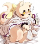 anthro blush dialogue female genitals obese obese_anthro obese_female overweight overweight_anthro overweight_female presenting pussy simple_background solo tail text white_background kokkoman gingitsune haru_(gingitsune) canid canine fox mammal japanese_text translation_request