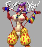 anthro areola big_breasts blue_clothing blue_gloves blue_handwear blue_necktie blush blush_stickers bottomwear breasts brown_body brown_fur buckteeth camel_toe clothed clothing clown clown_nose crotchless_bottomwear crotchless_clothing crotchless_pants dialogue eyelashes eyes_closed female fingerless_gloves fur gloves green_necktie grey_background hair handwear huge_breasts lips mostly_nude navel necktie nipples open_mouth pants pattern_necktie pink_areola pink_nipples polka_dot_clothing purple_hair pussy_tape red_bottomwear red_clothing red_nose red_pants simple_background small_waist solo striped_necktie suspenders tan_body tan_fur tape teeth text thick_thighs topless wide_hips yellow_bottomwear yellow_clothing yellow_pants thebigbadwolf01 mammal rodent sciurid tree_squirrel hi_res