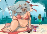 aloha_shirt anklet beach beach_towel beach_umbrella belly bikini bikini_bottom bikini_top blue_eyes bottomwear bow_ribbon bracelet clothing colored_fingernails colored_nails colored_toenails duo eyelashes eyeshadow eyewear fan_(object) fanning feet female fence fingernails gem hair handbag hat headgear headwear heart_symbol jewelry long_eyelashes long_hair looking_back makeup male mountain nails navel necklace open_mouth parasol pattern_clothing pattern_shirt pattern_topwear plant purple_eyeshadow red_fingernails red_nails red_toenails ring sand shirt shorts sign sky slightly_chubby slightly_chubby_female sunglasses sunscreen swimwear text toenails toes topwear towel tree two-piece_swimsuit bl0d.cl0t muppets kermit_the_frog miss_piggy amphibian domestic_pig frog mammal suid suine sus_(pig) english_text hi_res signature