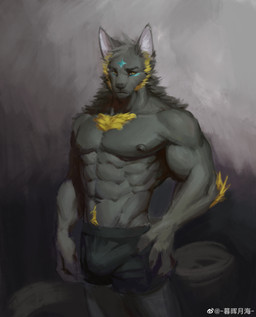 abs anthro black_bottomwear black_clothing black_nipples black_nose black_pants black_underwear bottomwear bulge clothed clothing front_view fur grey_body grey_ears grey_fur head_tuft inner_ear_fluff looking_aside male mouth_closed muscular muscular_anthro muscular_male navel nipples pants pecs simple_background solo standing topless tuft underwear unsigned white_inner_ear white_inner_ear_fluff yellow_eyes awaldkize canid mammal absurd_res hi_res portrait three-quarter_portrait