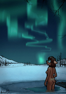 anthro aurora_(phenomenon) blue_eyes bob_cut brown_body brown_fur casual_nudity eyewear female fur glasses hair legs_in_water looking_up nude nude_anthro outside partially_submerged red_hair scut_tail short_tail skinny_dipping sky slim solo stairs standing standing_in_water star starry_sky tail water winter apocheck13 evelyn_alexandra_(workablegoblin) cervine deer mammal red_deer