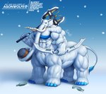 abs big_muscles blue_eyes bottle container female fur huge_muscles hyper hyper_muscles looking_at_viewer muscular solo standing tail weapon white_body white_fur agonwolfe elephant elephant_taur elephantid mammal mammal_taur proboscidean proboscidean_taur taur digital_media_(artwork)