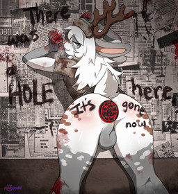 anthro antlers anus backsack balls blood bodily_fluids bottomless bottomless_male butt clothed clothing femboy genitals holidays horn long_ears male male_anthro newspaper nullification presenting presenting_hindquarters rear_view reddened_butt short_tail snout tail text pomopuchi halloween konami silent_hill hare jackalope lagomorph leporid mammal 2025 absurd_res english_text hi_res