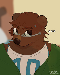 anthro big_ears bodily_fluids brown_body brown_eyes brown_fur brown_hair clothing confusion eyewear fur glasses green_clothing green_jacket green_topwear hair hairy jacket jersey looking_at_viewer male nervous shirt slightly_chubby snout standing sweat sweatdrop topwear yonkbunny bear mammal absurd_res hi_res