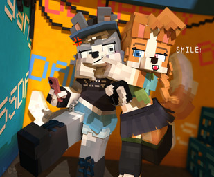 annoyed anthro biped black_top blue_eyes blue_top boots bottomwear brown_eyes chain clothing crop_top cross-popping_vein daisy_dukes denim denim_bottomwear denim_clothing denim_shorts duo female fingerless_gloves fluffy fluffy_tail footwear forced_smile fur gloves green_scarf grey_body grey_eyes grey_fur handwear hat headgear headwear heterochromia hotpants legwear midriff miniskirt one_leg_up orange_body orange_fur raised_leg scarf shirt shoes shorts skirt smile tail thigh_highs topwear white_body white_fur fc5 microsoft minecraft mojang xbox_game_studios coda_(fc5) crispe_(fc5) canid canine canis domestic_dog husky mammal nordic_sled_dog spitz 2025 3d_(artwork) digital_media_(artwork) hi_res