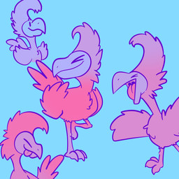 beak blue_background chibi dot_eyes eyes_closed feathers feral open_mouth open_smile open_wings pink_body pink_feathers pink_skin simple_background simple_eyes smile solo tongue tongue_out xing1 ambiguous_species avian bird flamingo 1:1 absurd_res hi_res