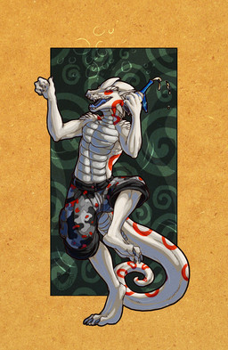 abs abstract_background alcohol anthro beverage bottomwear clothed clothing drinking drunk eyes_closed food fur male markings muscular muscular_anthro muscular_male open_mouth pecs pose scales shorts simple_background solo spiral_background substance_intoxication tail topless acidapluvia mythology dragon mythological_creature mythological_scalie scalie