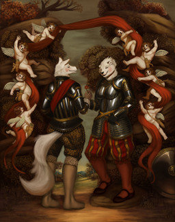 anthro armor arrow_(weapon) black_eyes black_sclera blush breasts brown_hair clothed clothing feathered_wings feathers female flower fur genitals group hair love male nude plant quiver_(object) ranged_weapon red_eyes romantic romantic_ambiance shield smile tree vulva weapon white_body white_fur wings yellow_eyes da_polar_inc angel bear canid canine canis cherub felid lion mammal pantherine wolf hi_res
