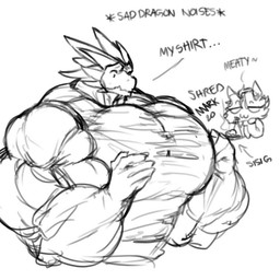 5_fingers anthro big_muscles big_pecs chibi clothing dialogue duo expressive_sound_effect fingers horn huge_muscles huge_pecs hyper hyper_muscles hyper_pecs male multi-word_onomatopoeia muscular onomatopoeia pecs shirt sound_effects text topwear torn_clothing marvolk mythology keiros dragon mythological_creature mythological_scalie scalie 1:1 2020 english_text monochrome sketch