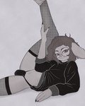 anthro black_clothing black_nails bulge clothing colored_nails ear_piercing ear_ring eyelashes eyewear femboy fishnet_clothing footwear glasses hair jockstrap legwear long_hair male nails piercing raised_leg ring_piercing shoes slim smug solo stretching string_panties sweater thigh_highs topwear underwear cappuchino lagomorph leporid mammal rabbit 4:5 absurd_res hi_res monochrome