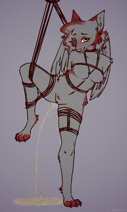 anthro bdsm blush bodily_fluids bondage bound claws female fuzzy genital_fluids omorashi peeing restraints rope rope_bondage solo toe_claws urine wetting wings thirstbbawoo ricca canid canine mammal hi_res