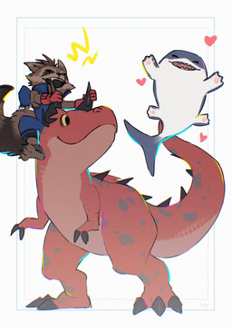 anthro brown_body brown_fur feral fur group heart_symbol horn male pawpads red_body red_scales scales smile trio chabfish7bb guardians_of_the_galaxy marvel marvel_rivals moon_girl_and_devil_dinosaur devil_dinosaur_(moon_girl_and_devil_dinosaur) jeff_the_land_shark rocket_raccoon aquatic dinosaur fish mammal prehistoric_species procyonid raccoon reptile scalie shark hi_res