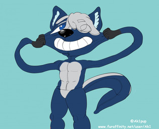 anthro black_nose blue_body blue_eyes countershading cyan_background fingers gloves_(marking) grey_body grey_countershading head_expansion inflatable male markings permanent_smile pseudo_hair simple_background solo tail tentacles text white_tentacles ak1 zigs animate_inanimate living_inflatable 2019 portrait three-quarter_portrait url