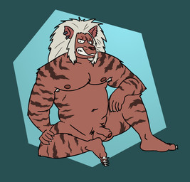 angry anthro balls belly clenched_teeth facial_hair foreskin fur genitals goatee hair hand_on_leg hand_on_thigh male mane musclegut muscular muscular_male nude partially_retracted_foreskin pecs penis sitting slightly_chubby solo striped_body striped_fur stripes teeth white_hair qhstec hunter_x_hunter leol_(hunter_x_hunter) chimera_ant felid lion mammal pantherine hi_res