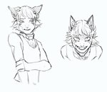 bandage bandage_on_face collar ears_back looking_at_viewer male pivoted_ears shadow_on_face sharp_teeth shock_collar solo teeth gatobob boyfriend_to_death ren_hana animal_humanoid beastkin_(gatobob) canid canid_humanoid canine canine_humanoid fox_humanoid humanoid mammal mammal_humanoid monochrome