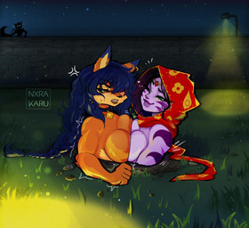 angry anthro anthro_on_anthro bared_teeth blue_hair breast_squish breasts breasts_frottage brown_eyes clothed clothing duo_focus eyelashes female female/female fur grass green_eyes group hair lamp lantern long_hair mouth_closed narrowed_eyes night orange_body orange_fur outside plant purple_body purple_hair silhouette squish stuck teeth trio norakaru sly_cooper_(series) sony_corporation sony_interactive_entertainment sucker_punch_productions captain_neyla carmelita_fox canid canine humanoid mammal hi_res