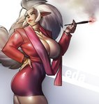 big_breasts breasts butt cleavage clothed clothing ear_piercing ear_ring female hair hand_on_hip humanoid_pointy_ears long_hair not_furry piercing pointy_ears red_eyes ring_piercing smoking solo thick_thighs white_hair wide_hips ph disney the_owl_house eda_clawthorne humanoid mammal witch_(the_owl_house) absurd_res hi_res