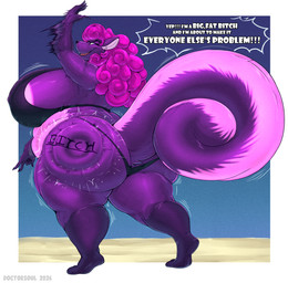 anthro areola big_breasts big_butt bikini biped breasts butt butt_slap clothed clothing dialogue female hair huge_breasts huge_butt profanity pupils purple_body purple_hair slap slapping_own_butt slapping_self smile solo swimwear text thick_thighs two-piece_swimsuit doctorsoul mammal mephitid skunk english_text hi_res