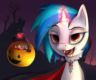 blue_hair candy cape clothing dessert eyewear fangs female food hair holidays horn multicolored_hair red_eyes solo teeth tongue two_tone_hair dazko friendship_is_magic hasbro my_little_pony mythology vinyl_scratch_(mlp) equid equine mammal mythological_creature mythological_equine unicorn vampire 2012 hi_res