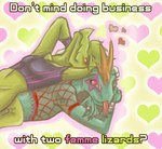 clothing duo femboy fishnet_clothing heart_symbol makeup male punk_hair ring shirt sleeveless slim smile smirk tank_top tongue tongue_out topwear kadahat vandclash rico lizard reptile scalie hi_res